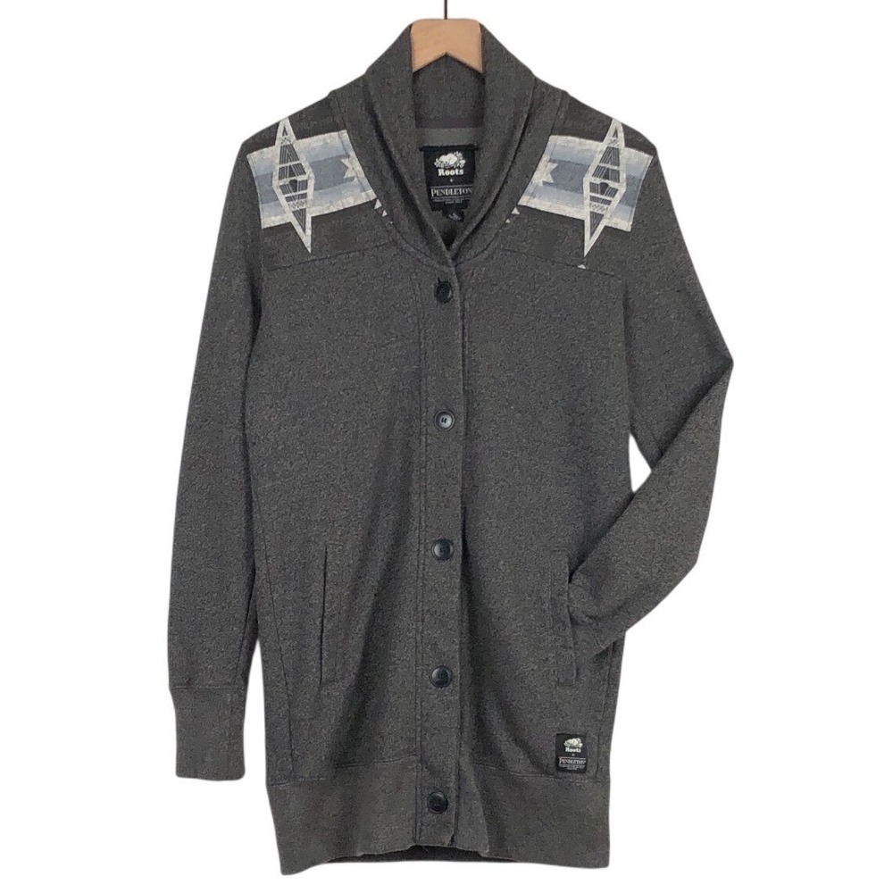 Rare ROOTS + PENDLETON Aztec Shawl Collar Fleece‎ Cardigan Sweater Sz S Gray